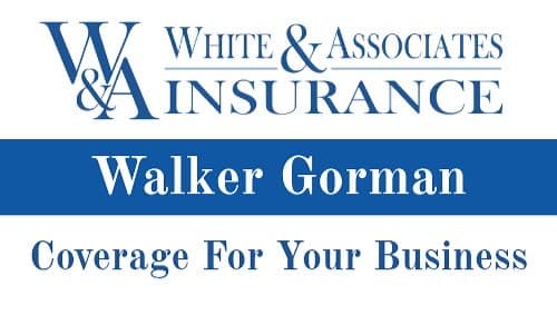 A business sign displays "White & Associates Insurance" at the top, followed by the name "Walker Gorman" and the tagline "Coverage For Your Business" in blue text on a white background.