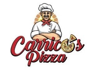 A logo featuring a smiling chef with crossed arms, wearing a chef's hat and a neckerchief. The text reads "Carrico's Pizza" with a pizza slice included in the design.